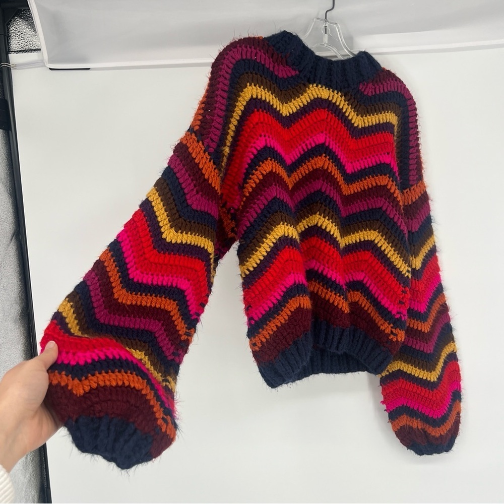 Farm Rio Colorful Waves Rainbow Handmade Crochet Balloon Sleeve Sweater Small - Picture 4 of 10